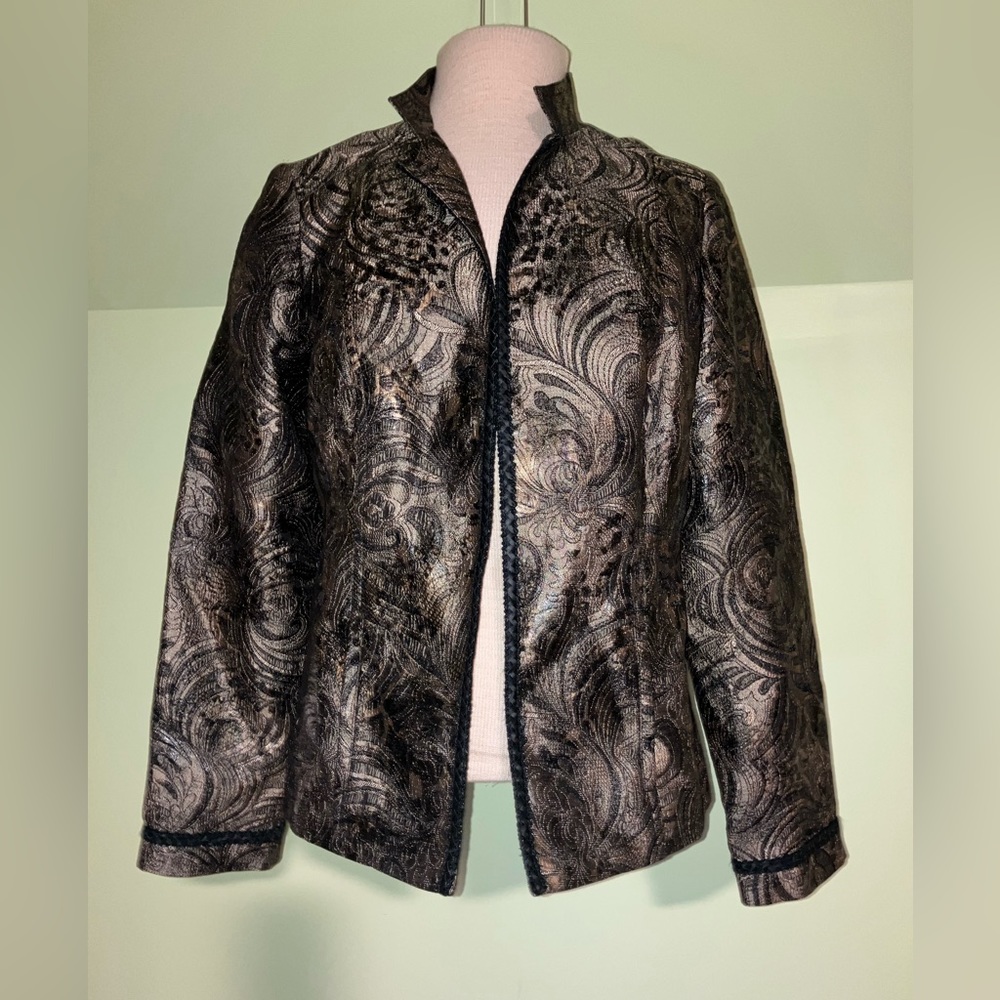 Chicos NEW Braided Jacquard metallic gold jacket coat blazer suit Chico sz 0 = 6